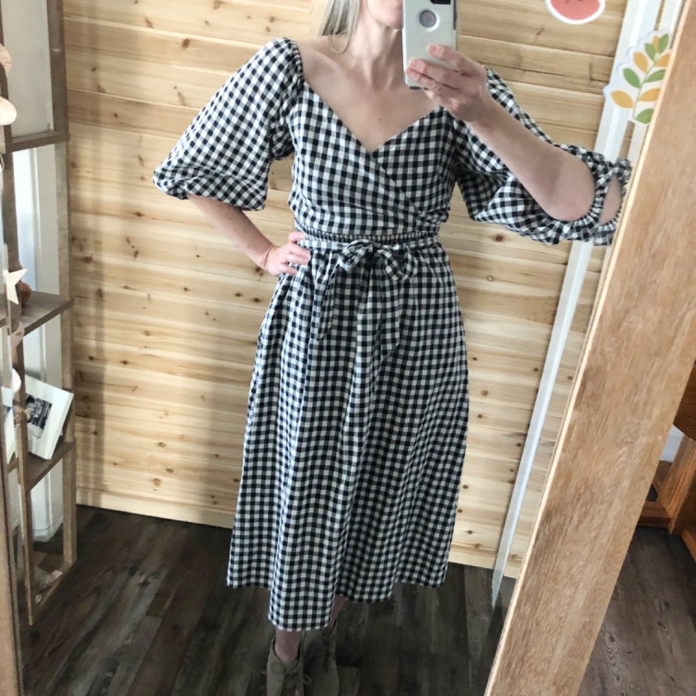 Paper Heart 100% Cotton Gingham Wrap Top Midi Dress Puff Sleeves XS - S